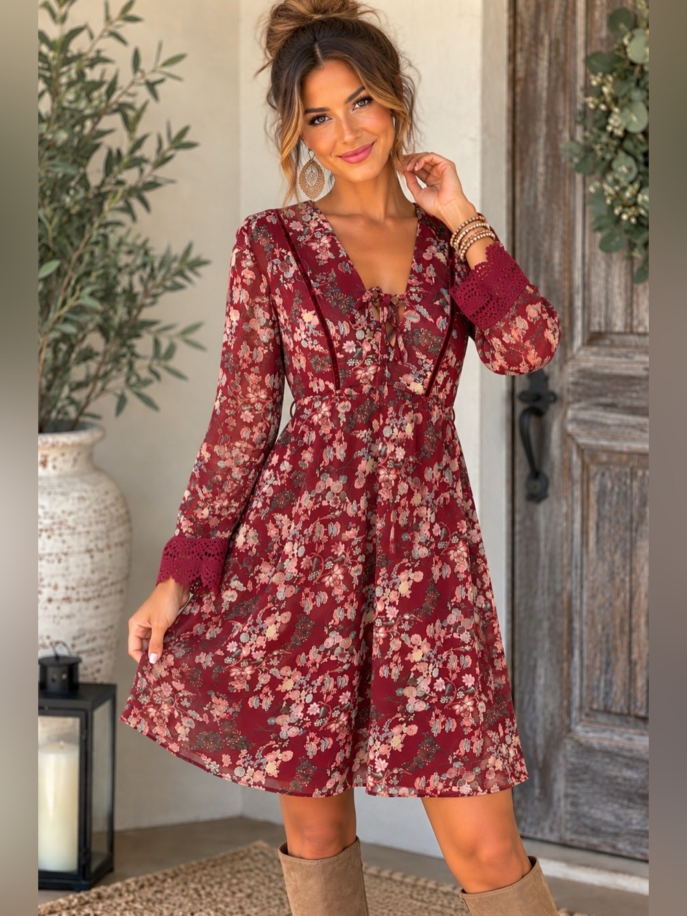 NWT Xhilaration Berry Floral Lace Up Crochet Boho Dress S A35